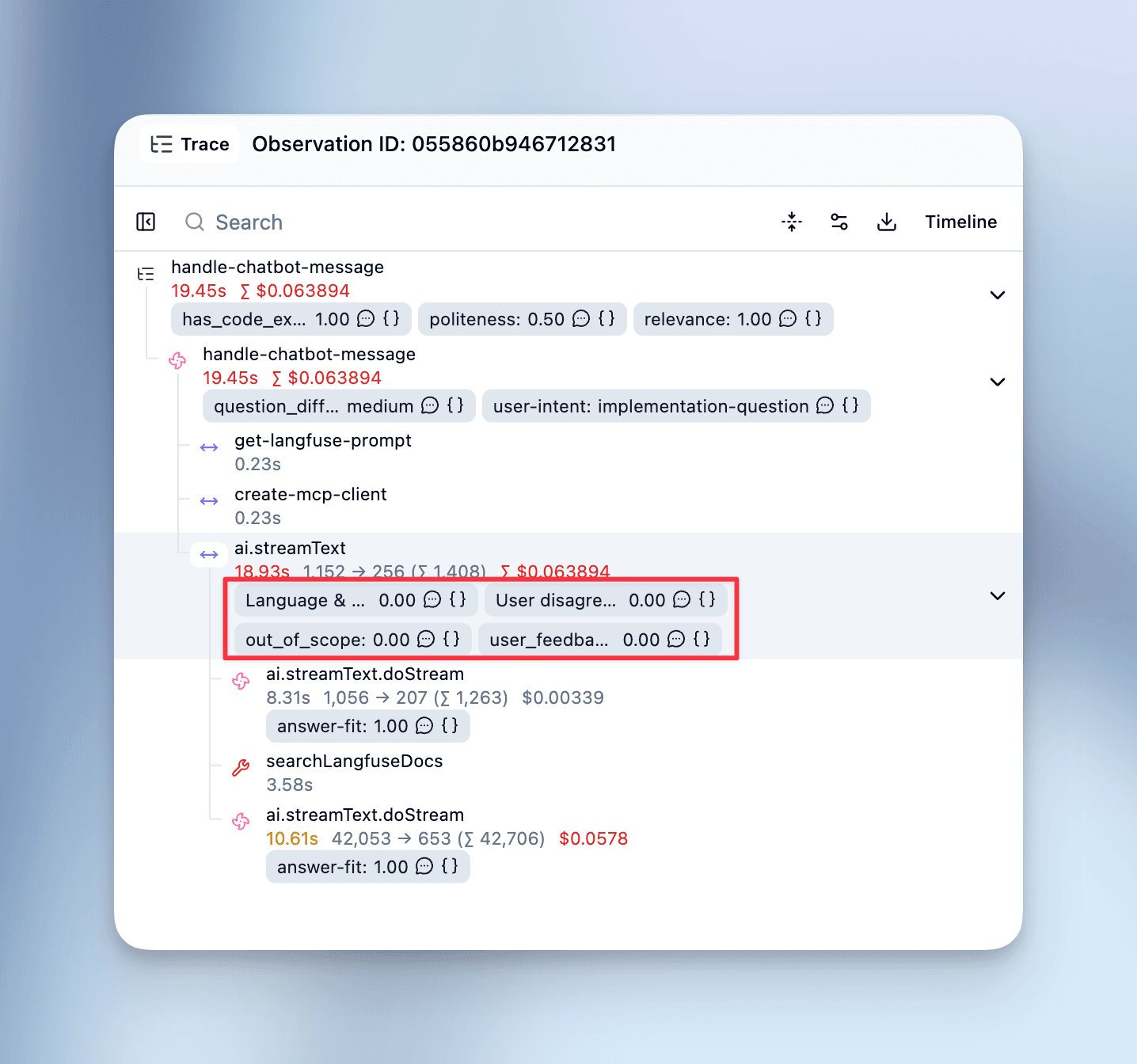 Evaluator scores on a trace in Langfuse